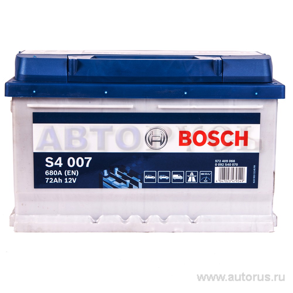 Аккумулятор BOSCH Silver 72 А/ч 572 409 068 обратная R+ EN 680A 278x175x175 S4 007 0 092 S40 070