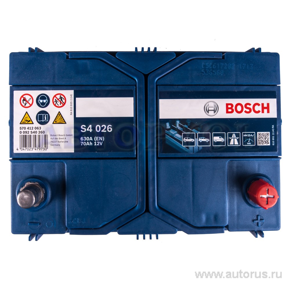 Аккумулятор BOSCH Silver 70 А/ч 570 412 063 обратная R+ EN 630A 261x175x220 S4 026 0 092 S40 260