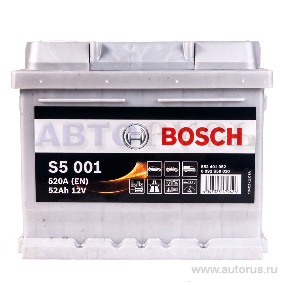 Аккумулятор BOSCH Silver Plus 52 А/ч 552 401 052 обратная R+ EN 520A 207x175x175 S5 001 0 092 S50 010