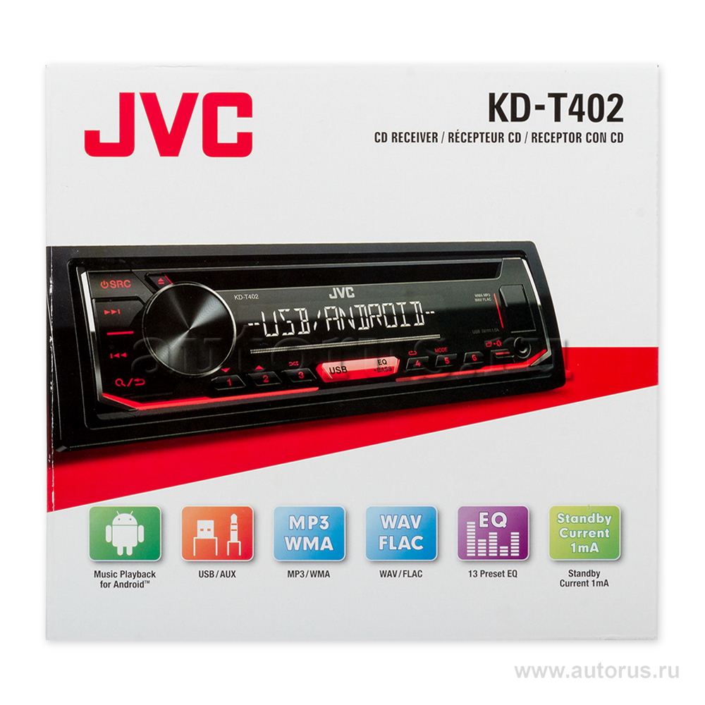 Автомагнитола CD MP3 JVC KD-T402 4x50вт USB AUX