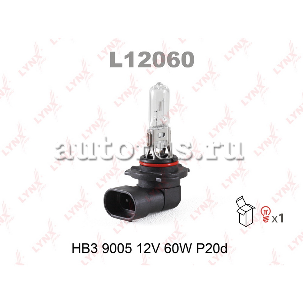 Лампа 12V HB3 60W P20d LYNXauto 9005 1 шт. картон L12060