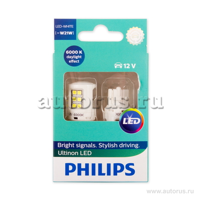 Лампа светодиодная 12V W21W 1W PHILIPS LED White 2 шт. картон 11065ULWX2