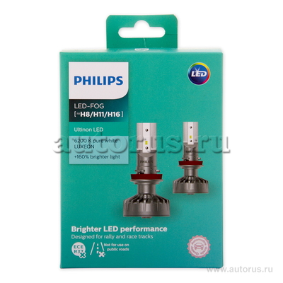 Лампа светодиодная 12V H8/H11/H16 1W 6200K PHILIPS LED FOG WHITE 2 шт. картон 11366 ULWX2