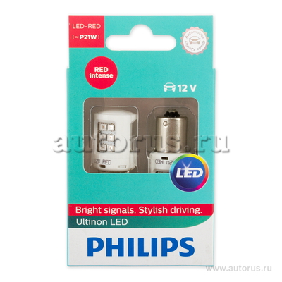 Лампа светодиодная 12V P21W 21W PHILIPS LED RED 2 шт. картон 11498ULRX2