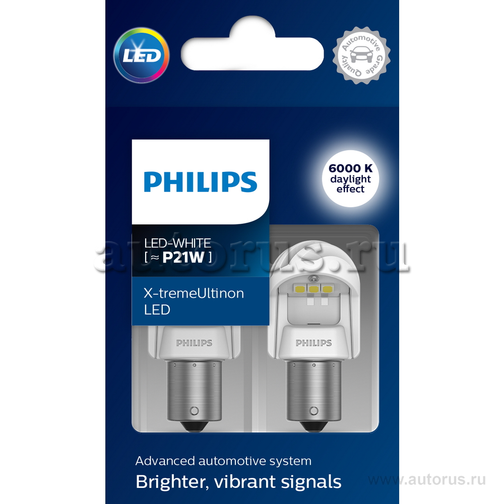 Лампа светодиодная 12/24V BA15s 2,7W 350lm P21W 6000K PHILIPS X-tremeUltinon gen 2 LED 2 шт. картон 11498XUWX2