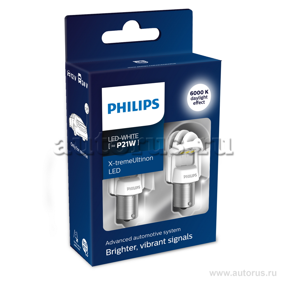 Лампа светодиодная 12/24V BA15s 2,7W 350lm P21W 6000K PHILIPS X-tremeUltinon gen 2 LED 2 шт. картон 11498XUWX2