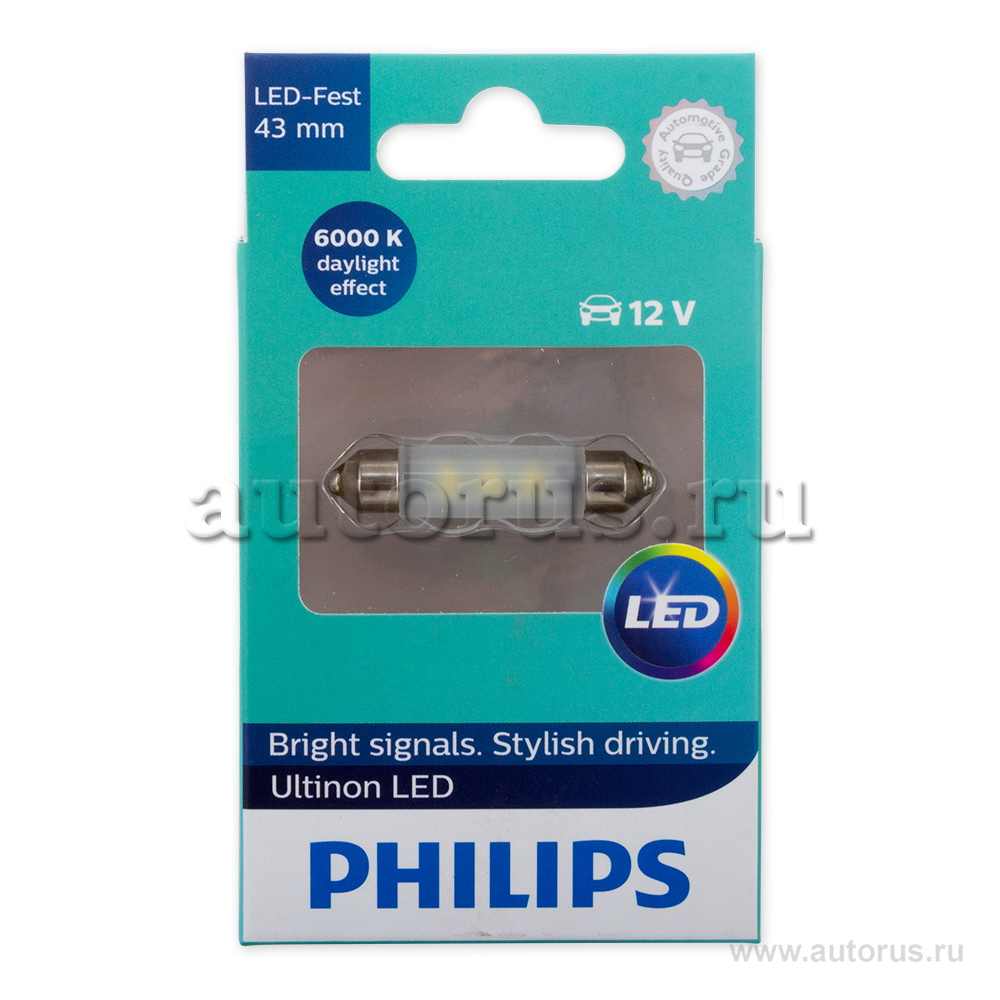 Лампа светодиодная 12V Festoon 43mm 1W 6000K PHILIPS LED 1 шт. картон 11864ULWX1