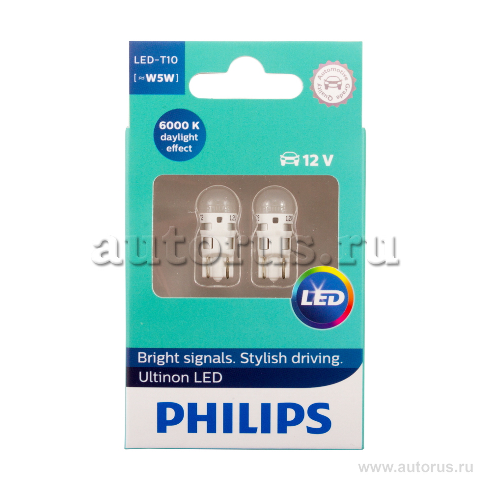 Лампа светодиодная 12V W5W 0,62W 6000K PHILIPS LED Vision 2 шт. блистер 11961ULWX2