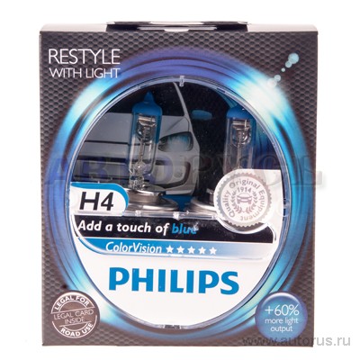 Лампа 12V H4 60/55W +60% PHILIPS Color Vision Blue 2 шт. DUOBOX 12342CVPB