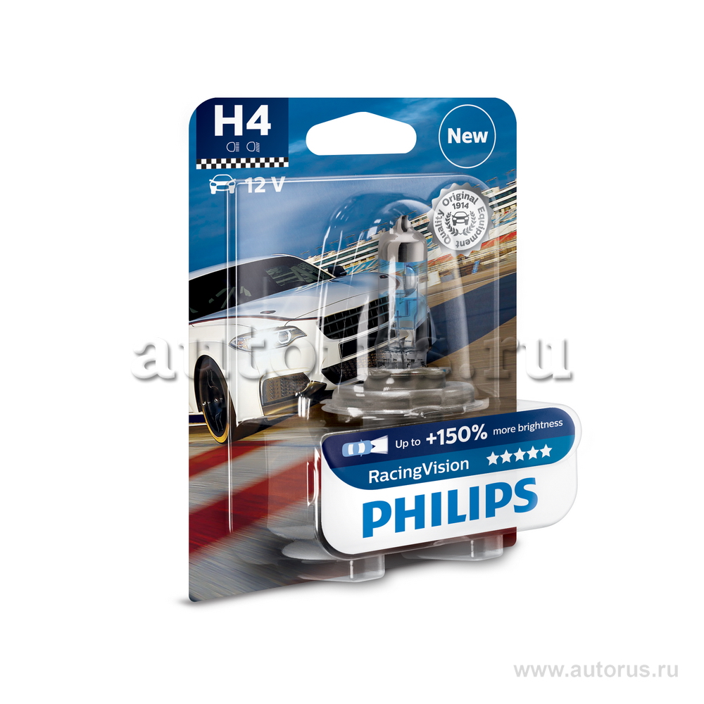 Лампа 12V H4 60/55W +150% PHILIPS RacingVision 1 шт. блистер 12342RVB1