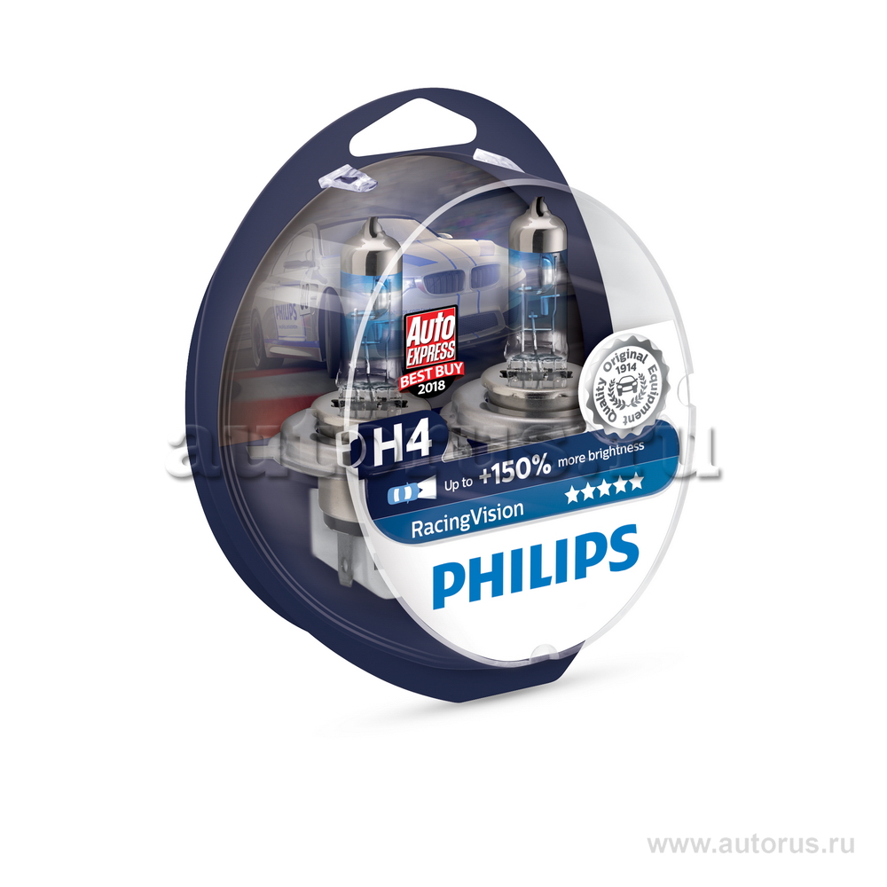 Лампа 12V H4 60/55W +150% PHILIPS RacingVision 2 шт. DUOBOX 12342RVS2