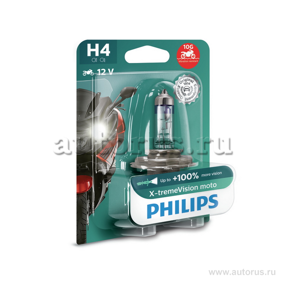 Лампа 12V H4 60/55W +130% PHILIPS X-tremeVision Moto 1 шт. блистер 12342XV+BW