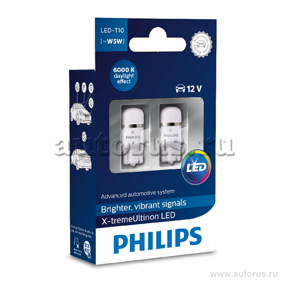 Лампа светодиодная 12V WB T10 LED 1W 6000K PHILIPS X-tremeVision LED 2 шт. DUOBOX 127996000KX2