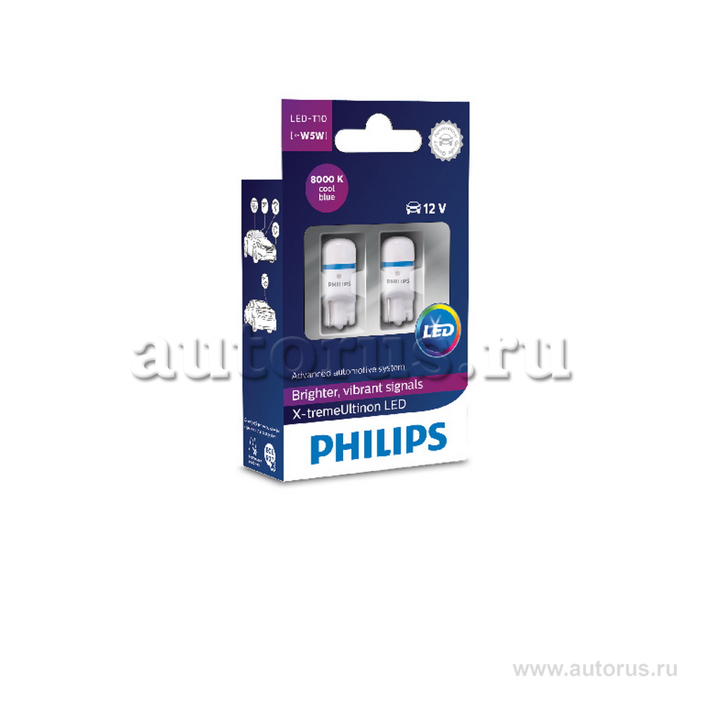 Лампа светодиодная 12V W5W 1W 8000K PHILIPS X-tremeVision LED 2 шт. блистер 127998000KX2