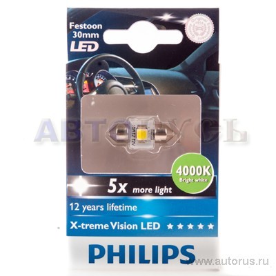 Лампа светодиодная 12V T14x30 LED 1W 4000K PHILIPS X-tremeVision LED 1 шт. DUOBOX 12940X1