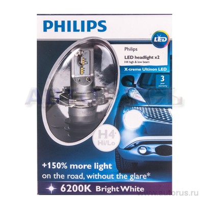 Лампа светодиодная 12V H4 9,3W +45% 6000K PHILIPS X-treme Ultinon LED 2 шт. блистер 12953BWX2