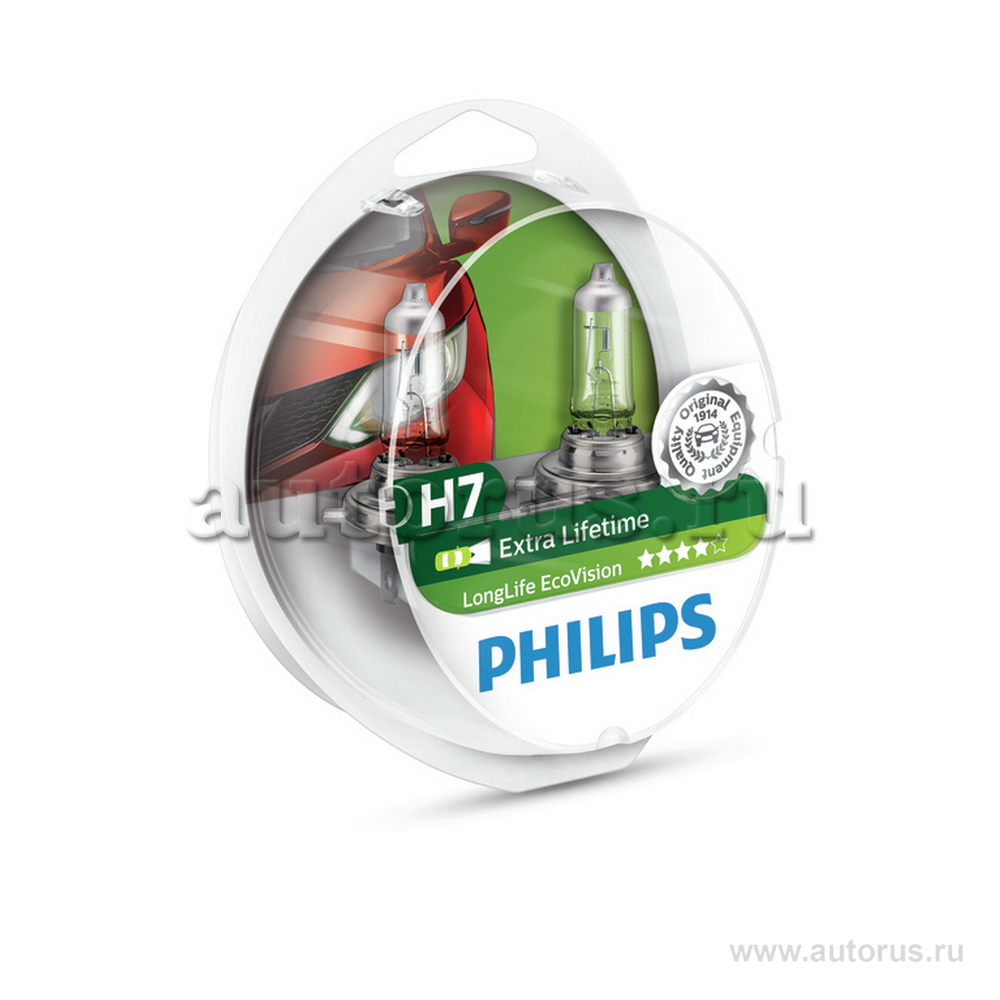 Лампа 12V H7 55W PHILIPS Longerlife Eco Vision 2 шт. блистер 12972LLECOS2