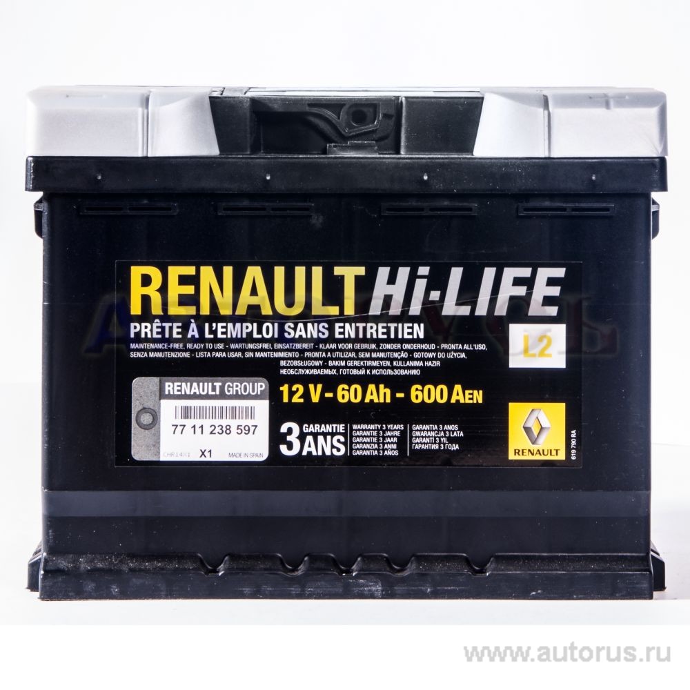 Аккумулятор RENAULT Standart 60 А/ч обратная R+ EN 600A 242x175x190 77 11 238 597
