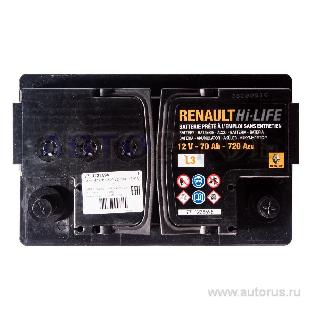Аккумулятор RENAULT STANDARD 70 А/ч обратная R+ EN 720A 278x175x190 7711 238 598