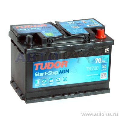 Аккумулятор TUDOR AGM 70 А/ч обратная R+ EN 760A 278x175x190 TK700 TK700