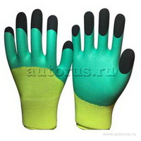 Перчатки хозяйственные (полиэстер) плотность 13G. Покрытие ладони,натуральный каучук (желто/зеленые) UNITRAUM UN-L107-11