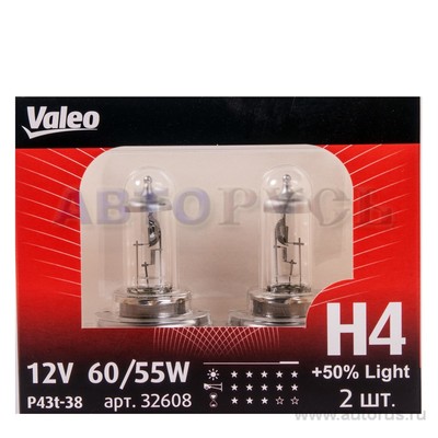 Лампа 12V H4 55/60W +50% VALEO Standart 2 шт. DUOBOX 032 608