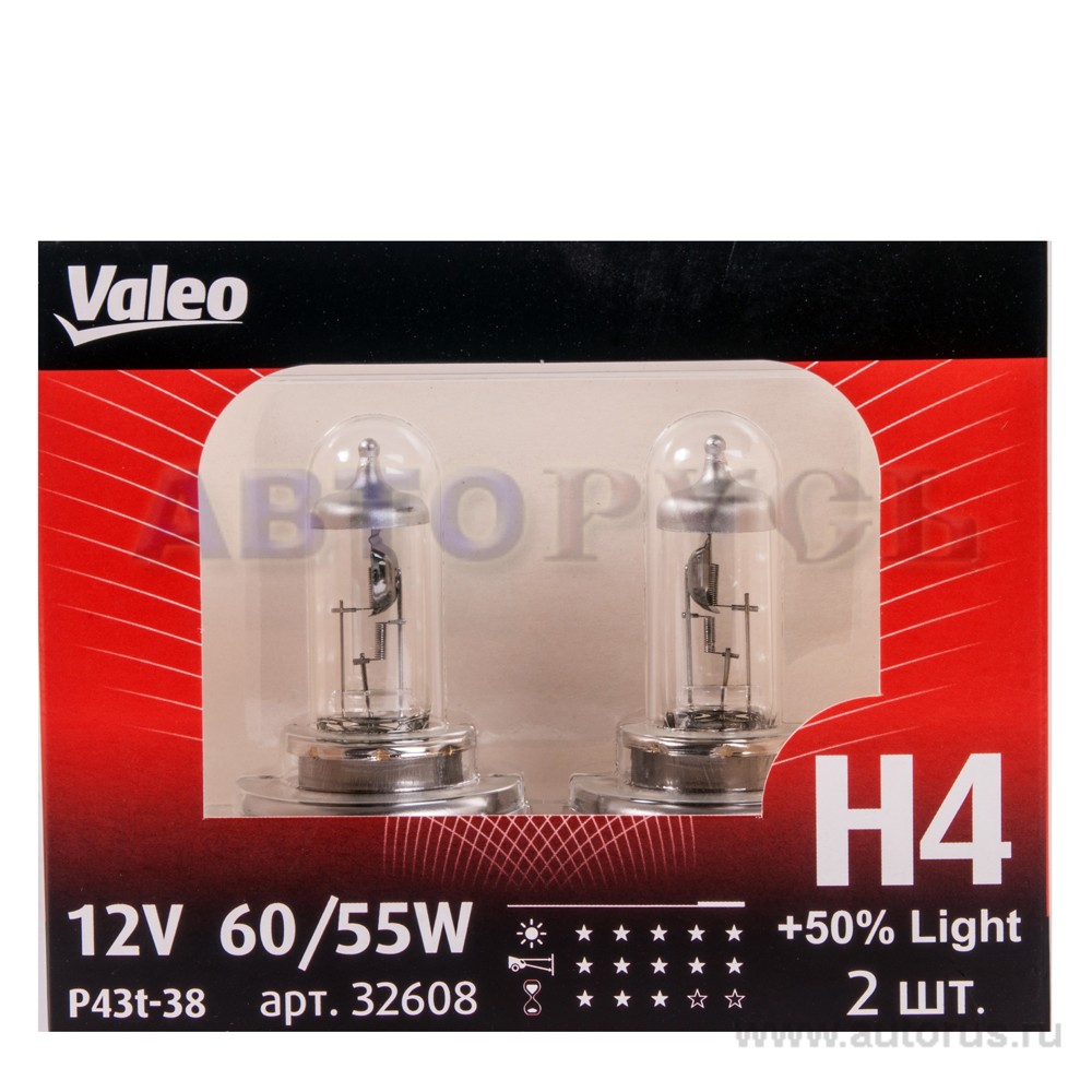 Лампа 12V H4 55/60W +50% VALEO Standart 2 шт. DUOBOX 032 608