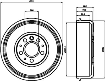 Тормозной барабан HELLA для VW TRANSPORTER IV c бортовой платформой/ходовая часть (70XD) 2.5 TDI