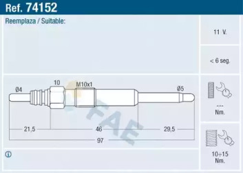 Свеча накаливания FAE для VW MULTIVAN V (7HM, 7HN, 7HF, 7EF, 7EM, 7EN) 1.9 TDI