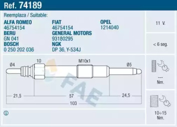 Свеча накаливания FAE для ALFA ROMEO 146 (930_) 1.9 JTD (930.B4B)