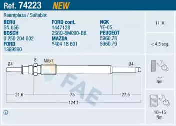 Свеча накаливания FAE для PEUGEOT 207 CC (WD_) 1.6 HDi