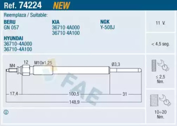 Свеча накаливания FAE для KIA SORENTO I (JC) 2.5 CRDi