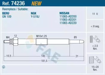 Свеча накаливания FAE для NISSAN PRIMERA Hatchback (P12) 2.2 Di
