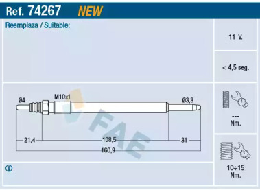 Свеча накаливания FAE для HONDA ACCORD VII Tourer (CM, CN) 2.2 i-CTDi (CN2)