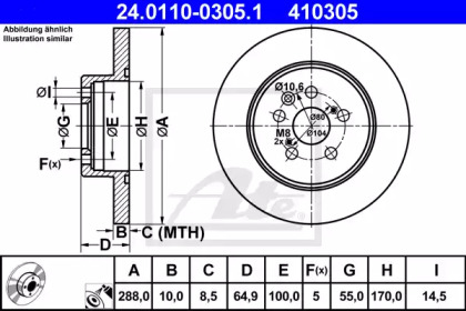 Тормозной диск ATE для TOYOTA AVENSIS (_T22_) 1.8 VVT-i (ZZT221_)