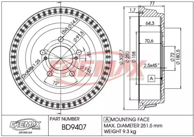 Тормозной барабан FREMAX для DODGE CARAVAN 3.8 i