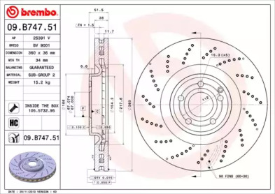 Тормозной диск BREMBO для MERCEDES-BENZ CLS (C218) CLS 500 (218.373)