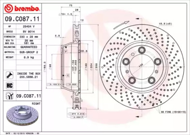 Тормозной диск BREMBO для PORSCHE 911 Кабриолет (997) 3.6 Carrera