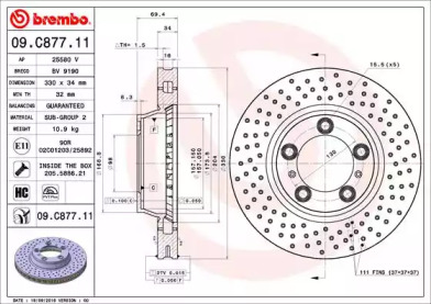 Тормозной диск BREMBO для PORSCHE 911 Кабриолет (997) 3.8 Carrera S